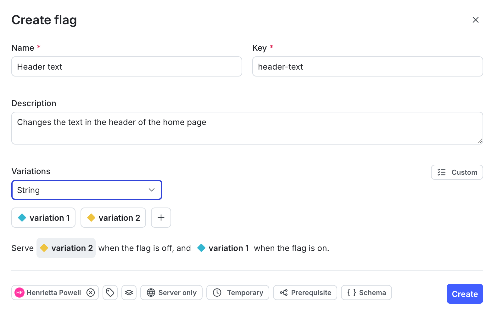 The "Create a feature flag" panel with string flag options chosen.