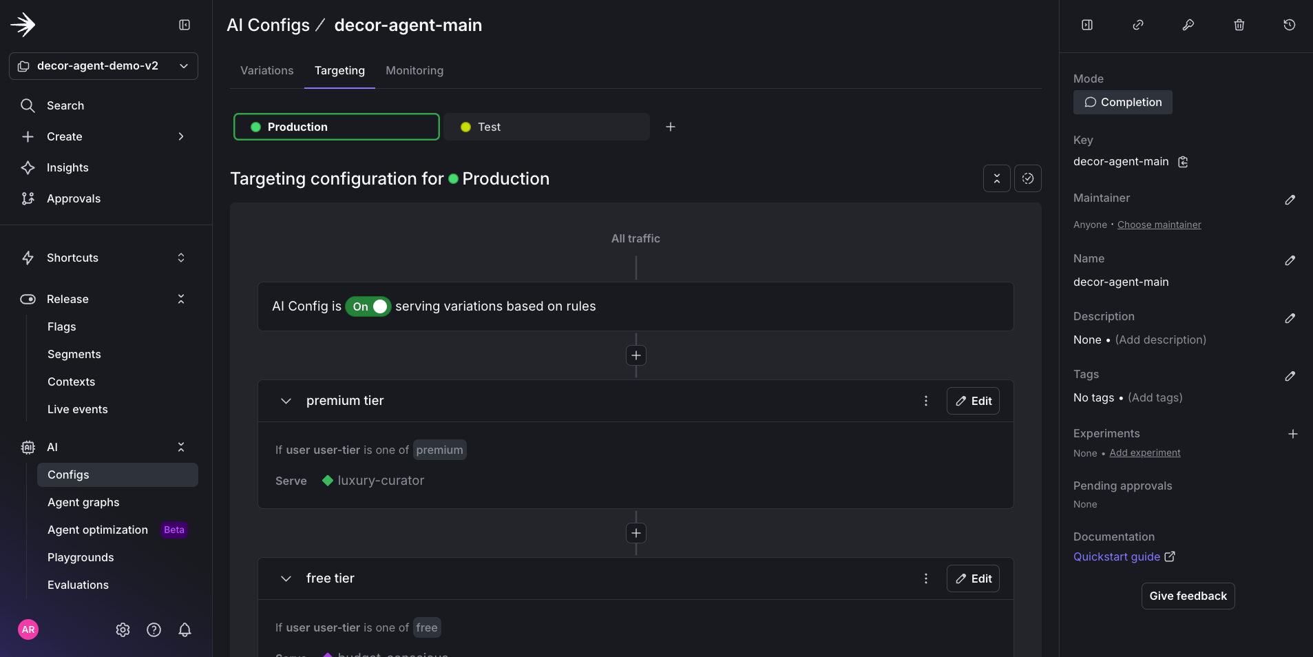 AI Config targeting for decor-agent-main variations in the LaunchDarkly UI.