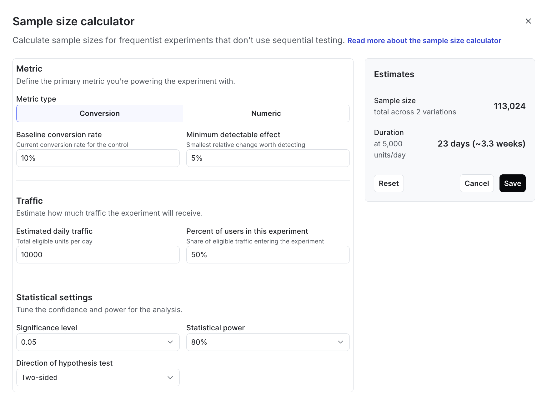The sample size calculator.