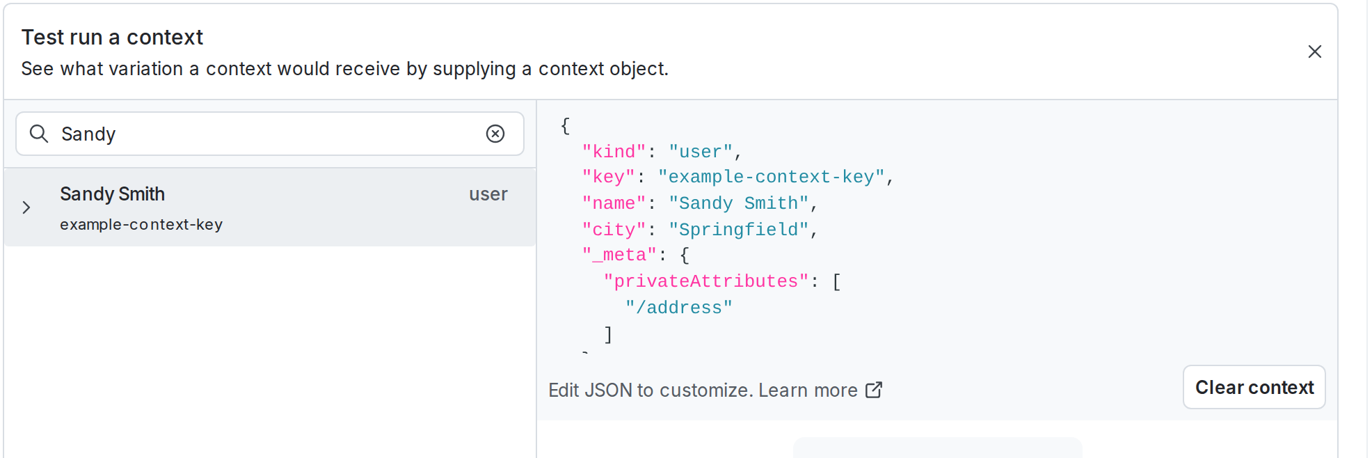The "Test run a context" section, populated with an example context.