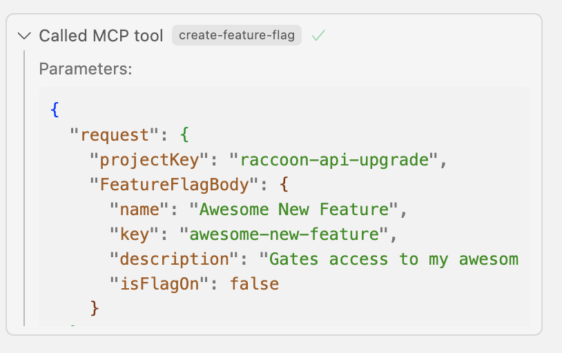 Request parameters used to call the LaunchDarkly flag creation API within the Cursor IDE, via MCP.