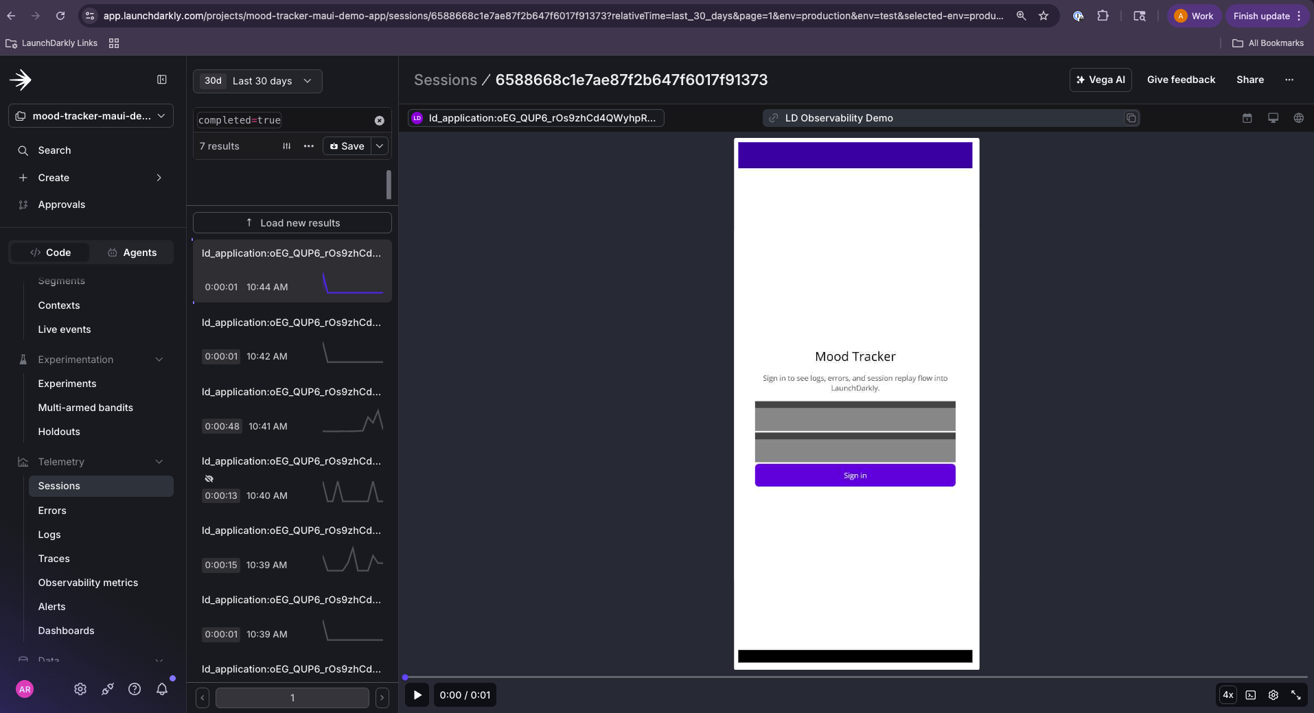A MAUI session replay showing a login screen where the password entry is rendered as a solid block while surrounding labels remain visible, demonstrating text-input masking.