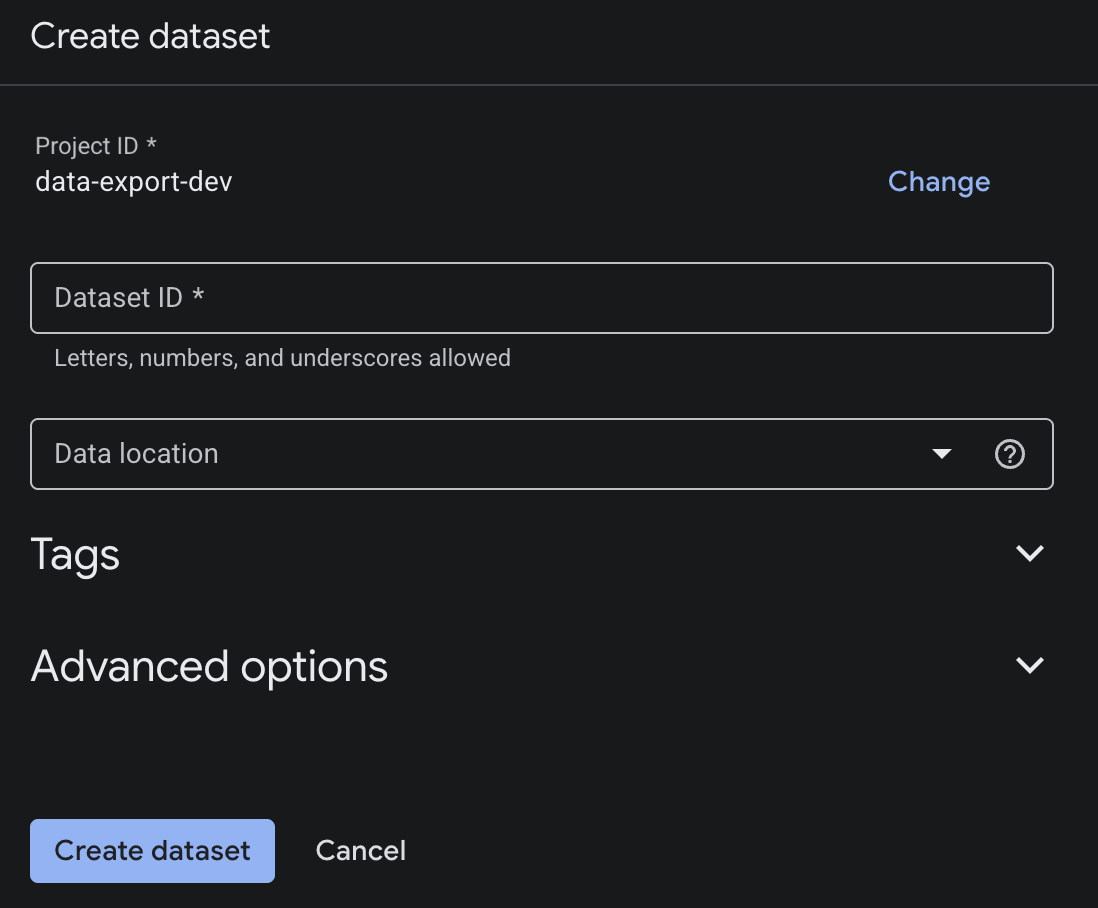 The "Create dataset" screen in BigQuery.