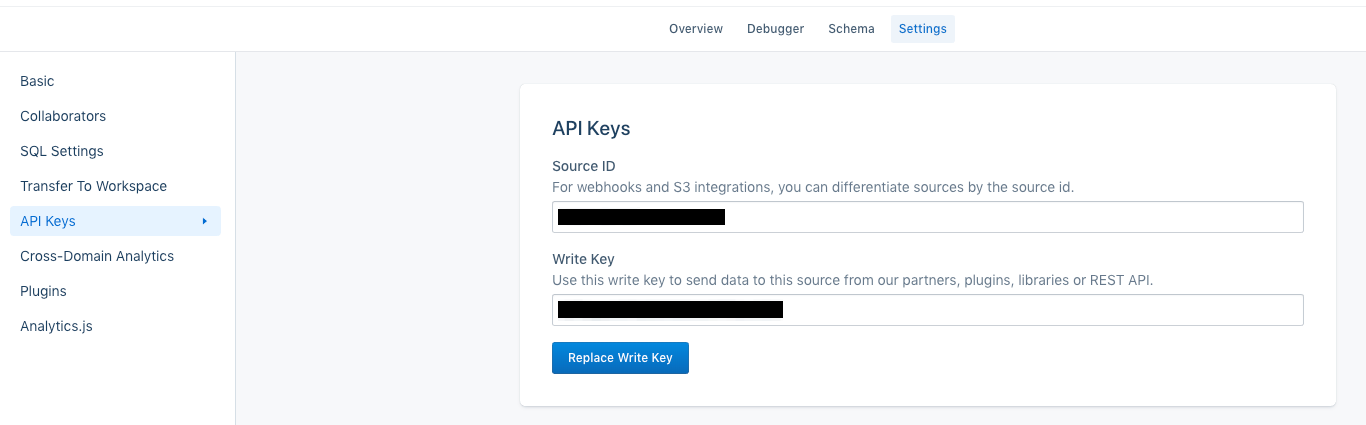The API Keys section of Twilio Segment's UI.