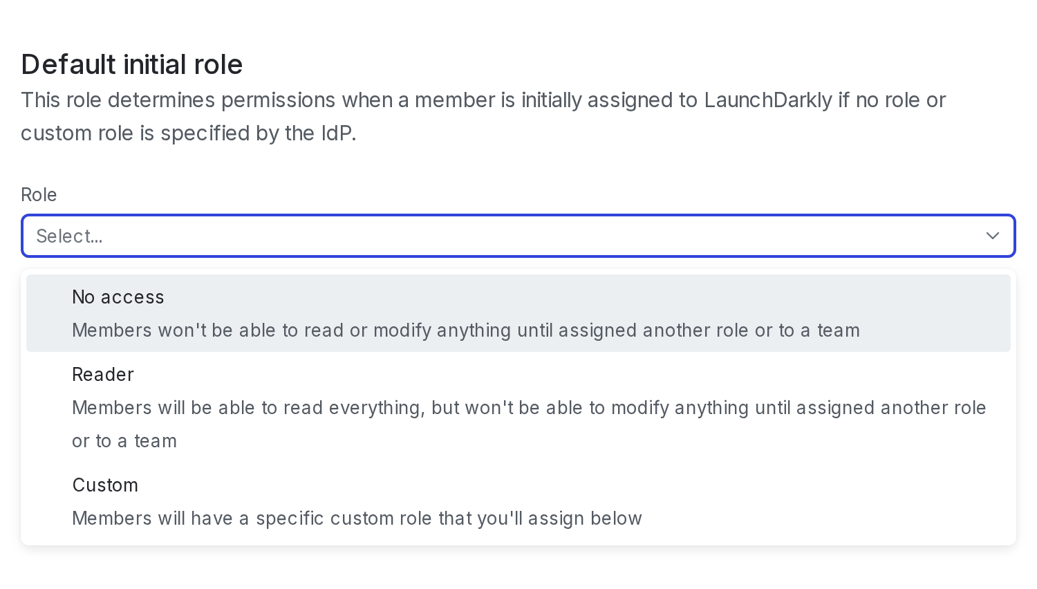 The "Default initial role" section of the SAML configuration panel.