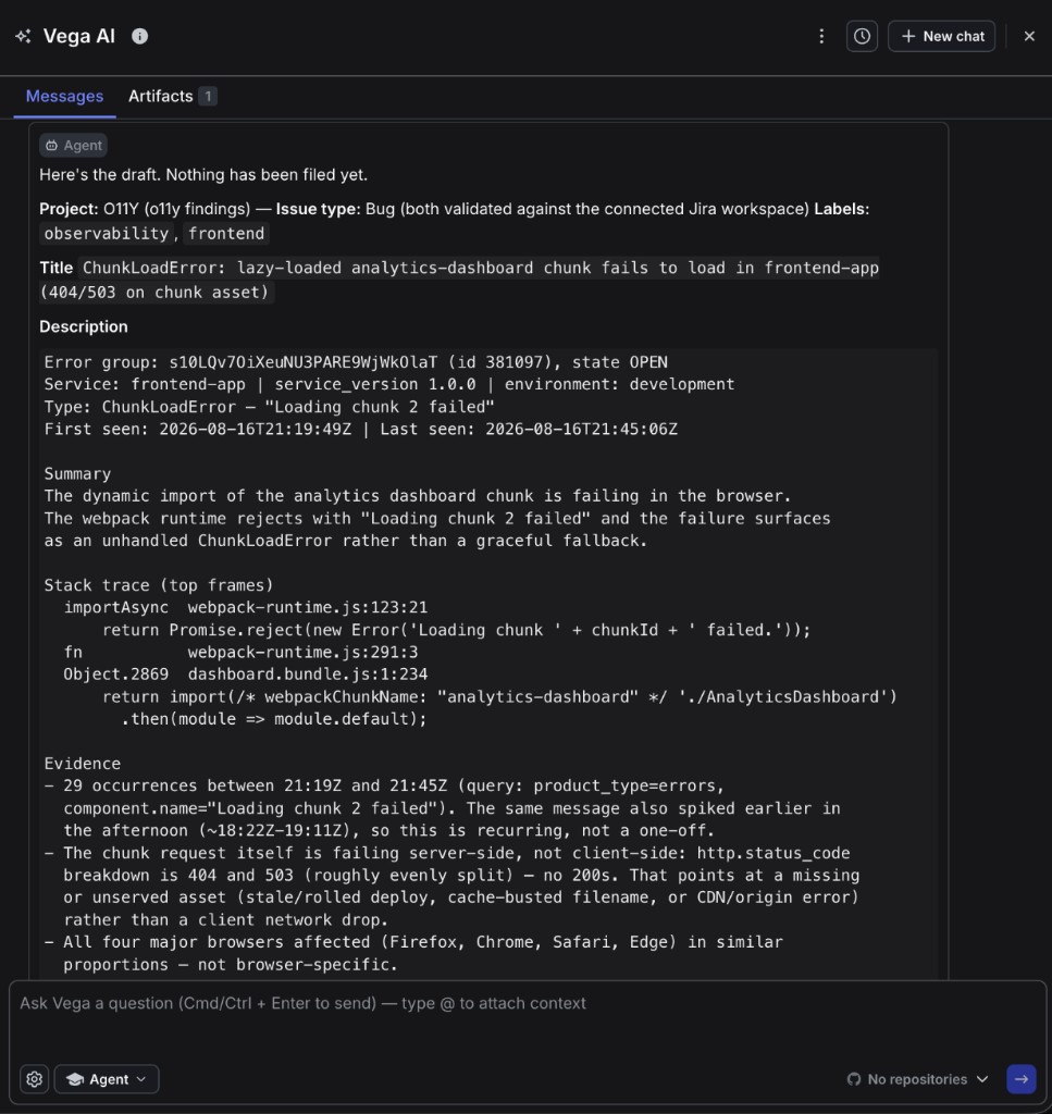 A Vega AI panel showing a drafted Jira ticket that has not been filed yet, with the project, issue type, labels, title, and a long description containing the error group, service, stack trace, and evidence.