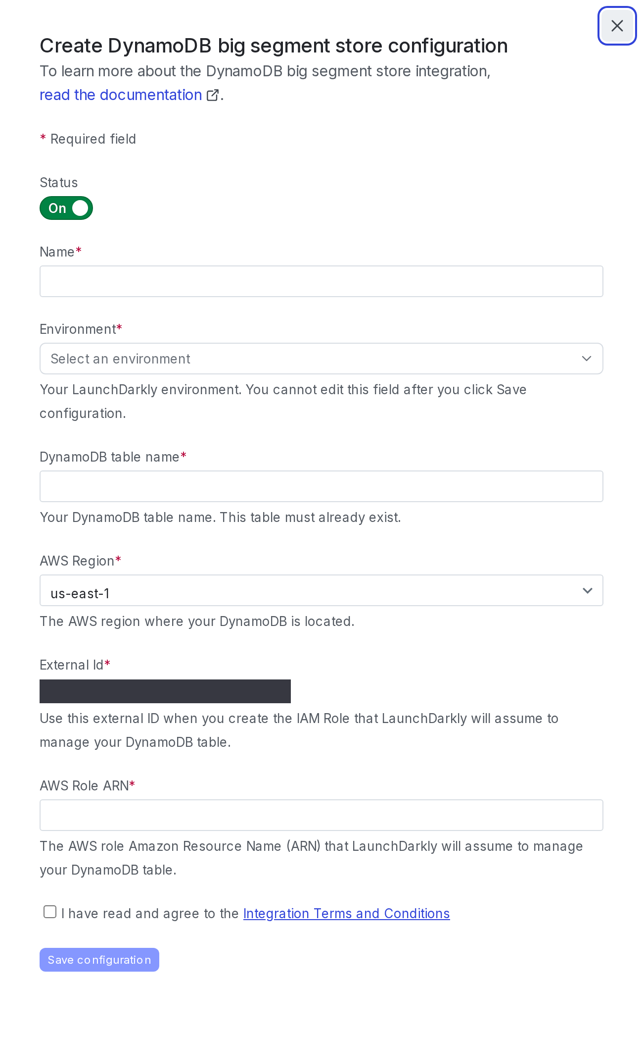 The "Create configuration" panel for a DynamoDB integration.
