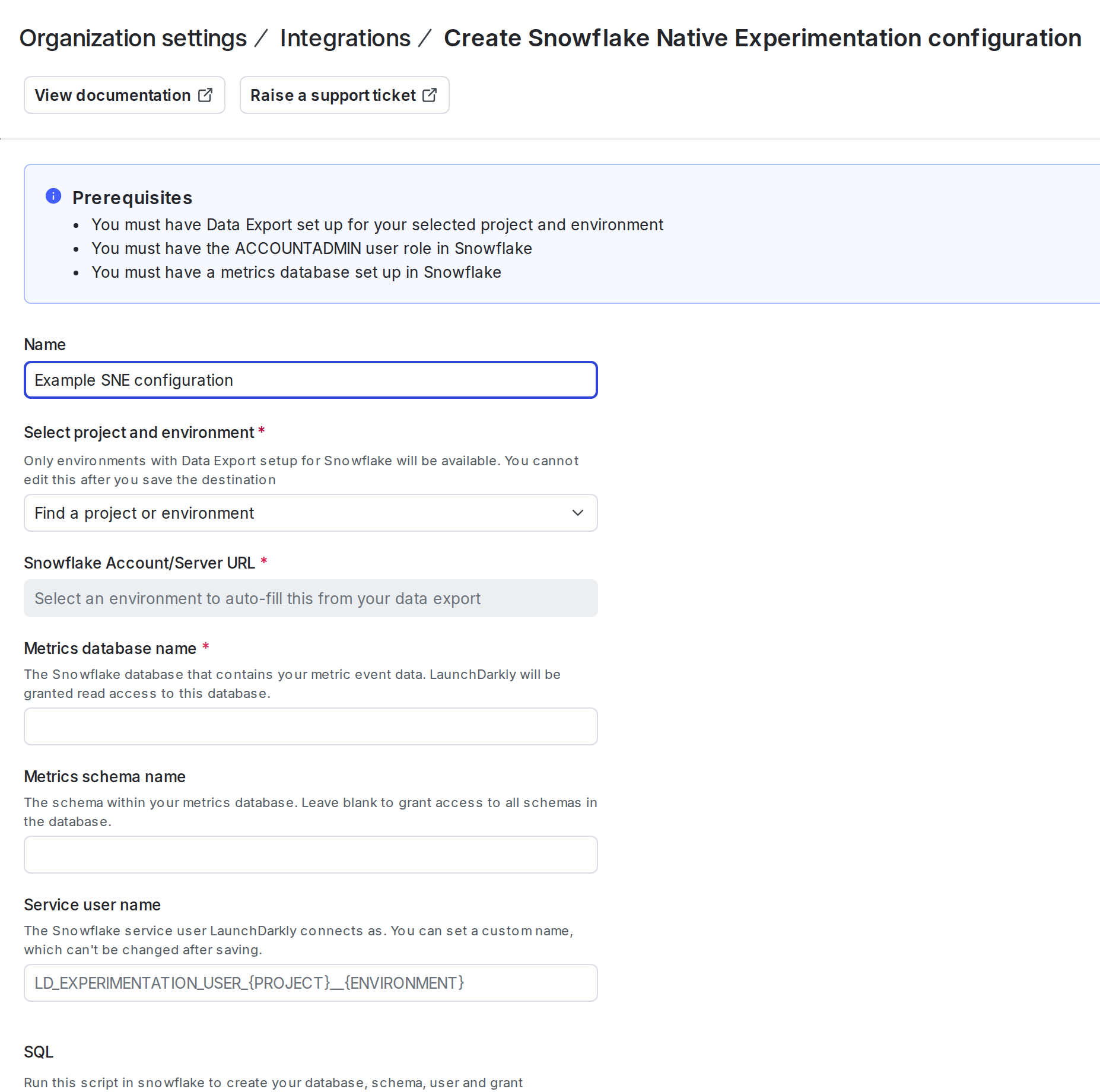 The Snowflake Native Experimentation configuration panel in LaunchDarkly.