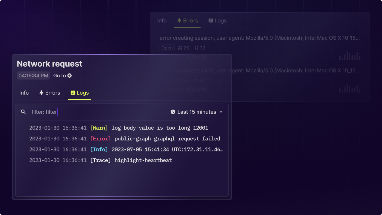 Network request detail panel showing metadata, errors, and logs for a single request.