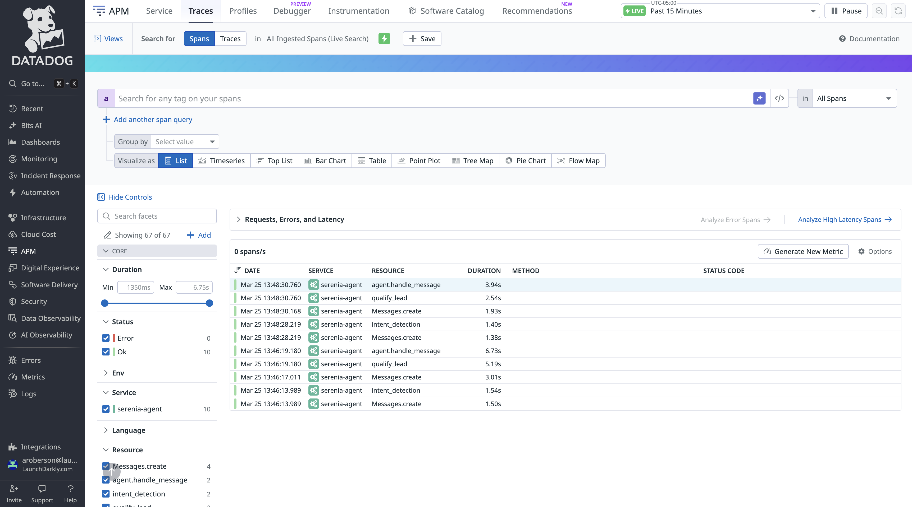 Datadog APM traces for service:serenia-agent, with Anthropic calls nested under skill spans.