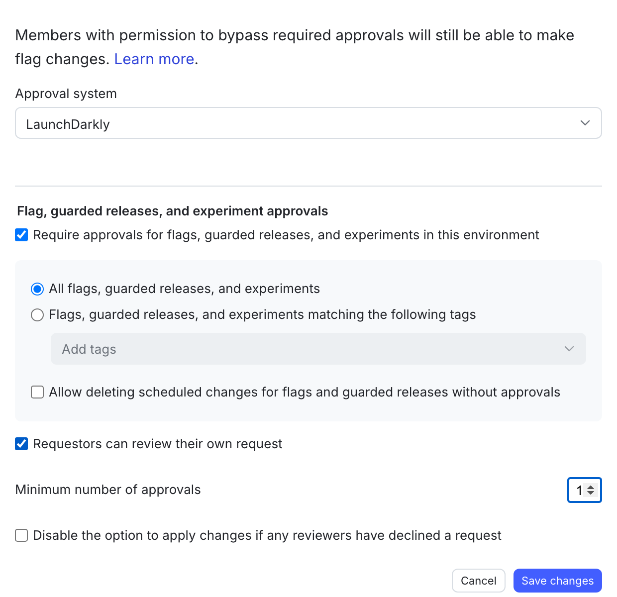 The Approval settings panel, showing the Flag approvals section.