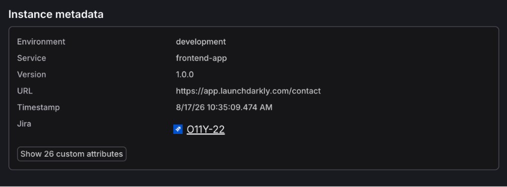 An Instance metadata panel listing environment, service, version, URL, and timestamp, with a Jira row containing a link to issue O11Y-22.