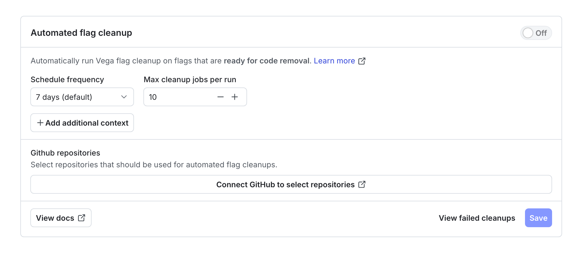 The Automated flag cleanup settings card on the Lifecycle settings page.