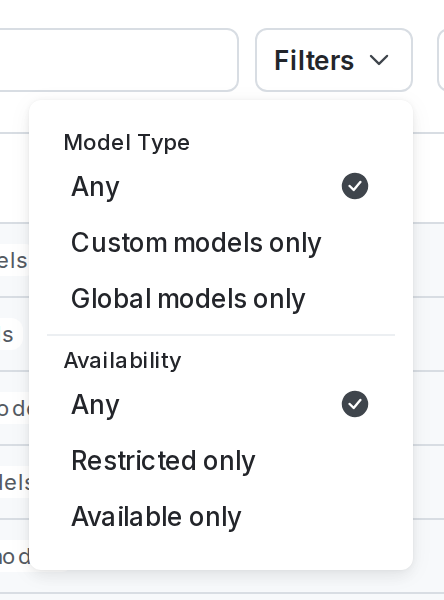 The "Filters" menu for the AI model configs list.