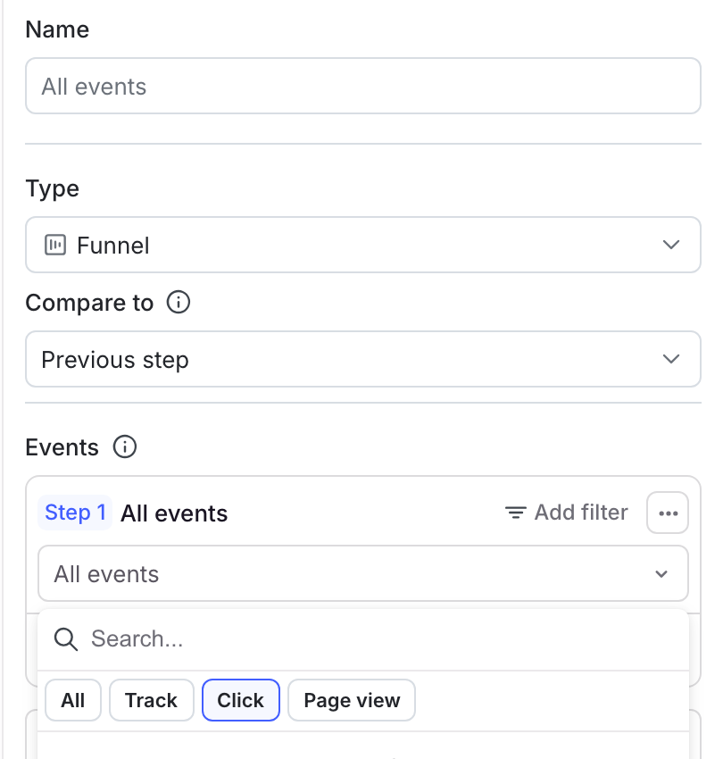 Filtering by product analytics in a funnel graph.