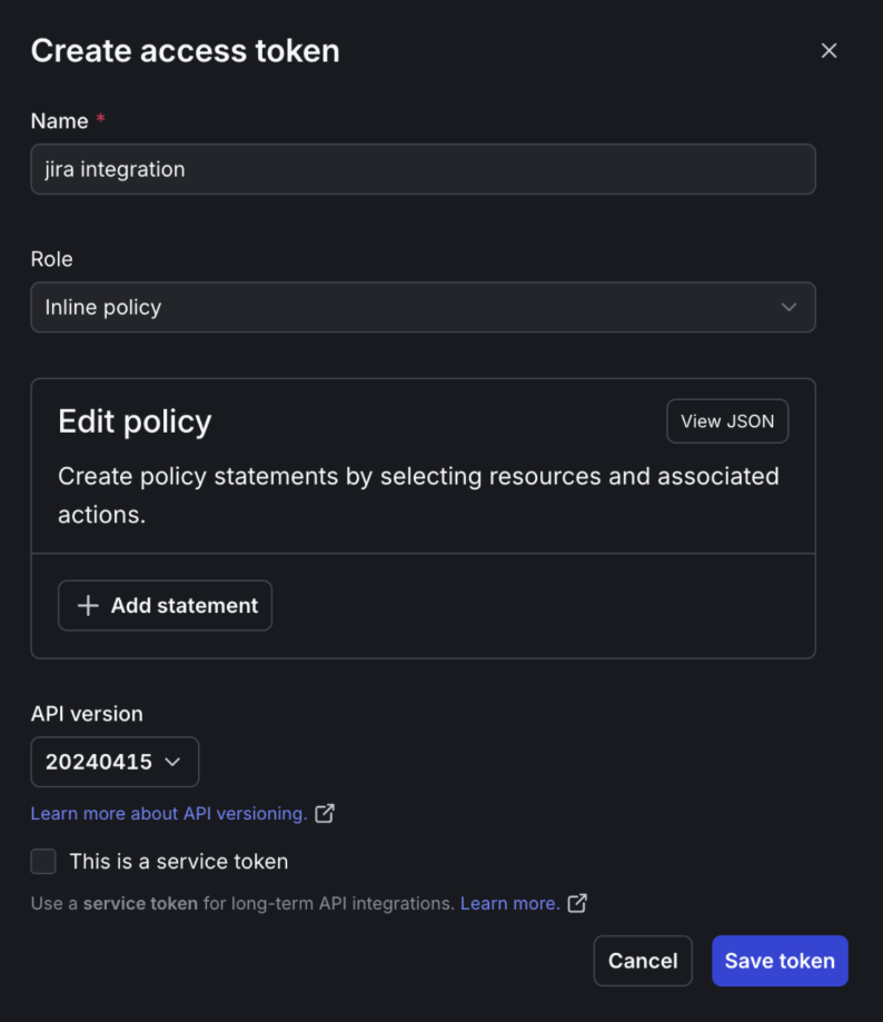 The Create access token dialog in LaunchDarkly, with the name set to "jira integration", the Role menu set to "Inline policy", and an Edit policy box with a View JSON button.