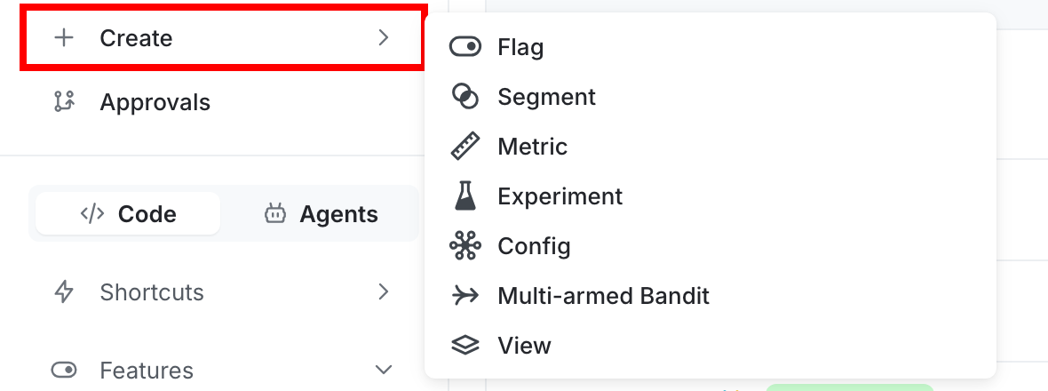 The "Create" menu options.