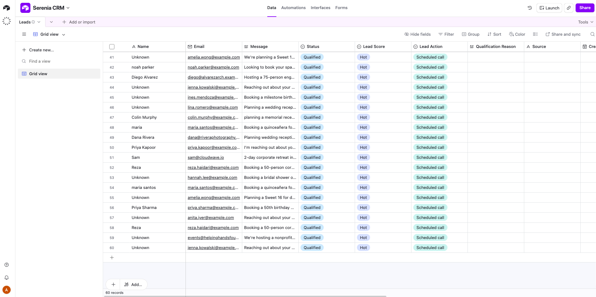 The Serenia CRM Airtable backend tracking leads from the agent's skills.