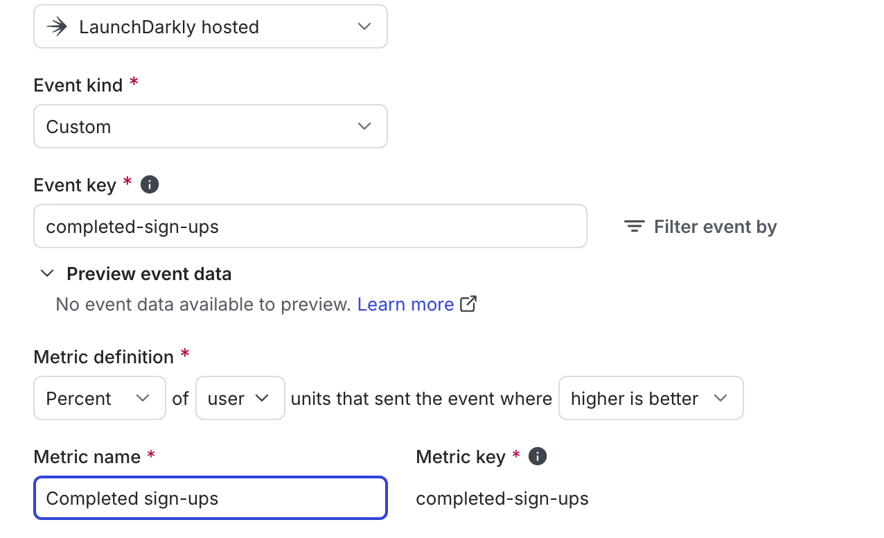 The "Create metric" dialog for a new custom conversion binary metric.