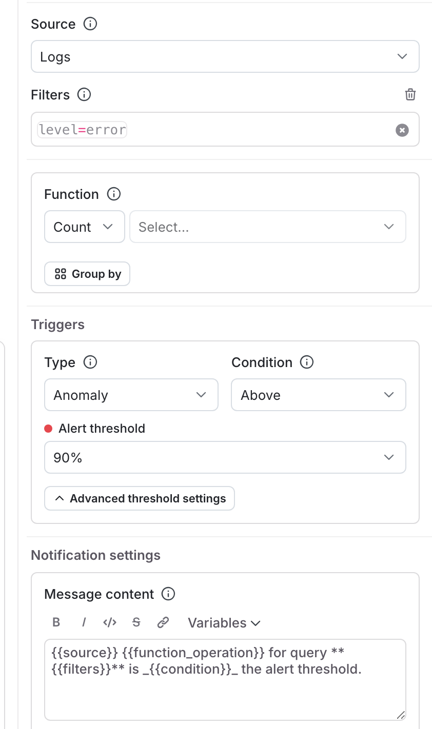 The configuration panel for an alert.