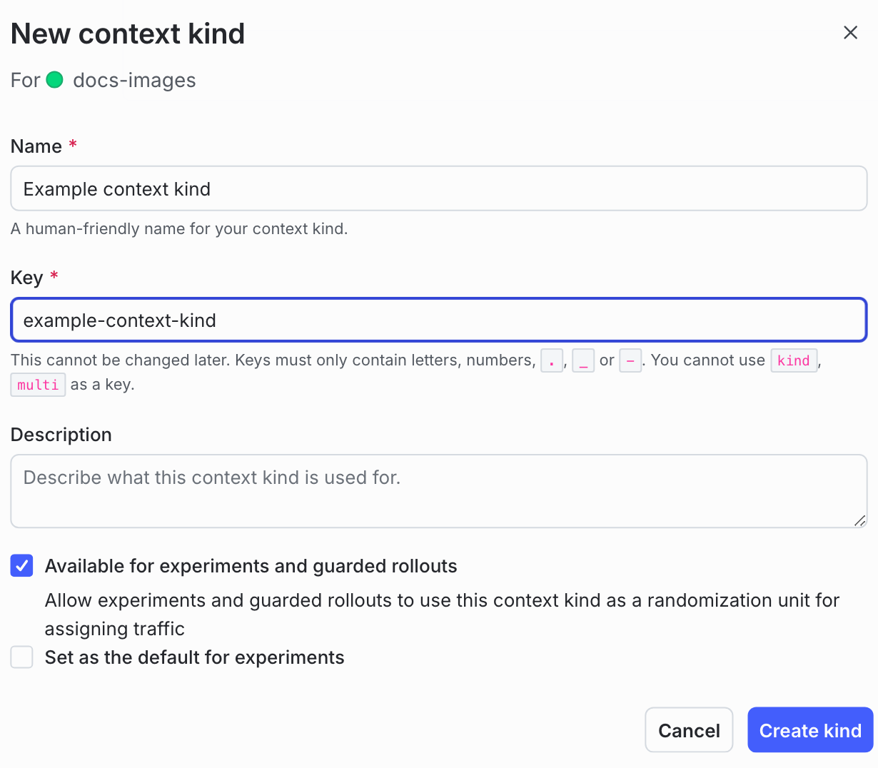 The "New context kind" dialog with the "Available for experiments and guarded rollouts" option checked.