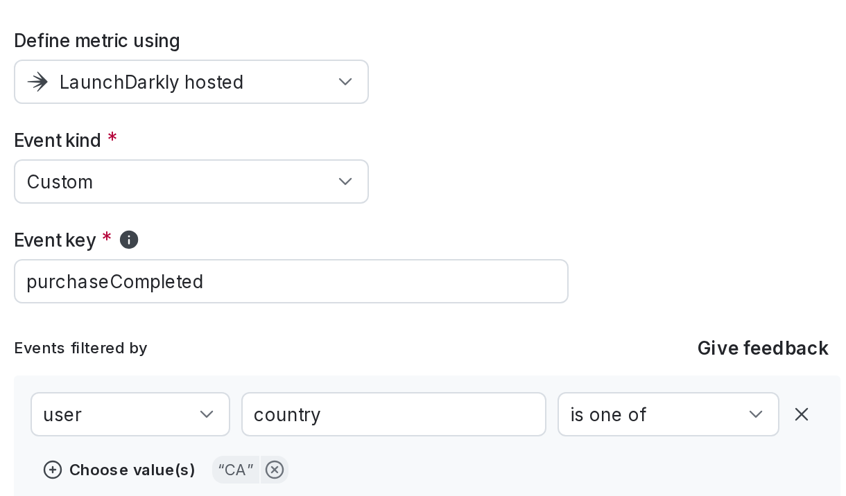 A metric definition that includes only events from the user context kind where the country attribute is set to CA.