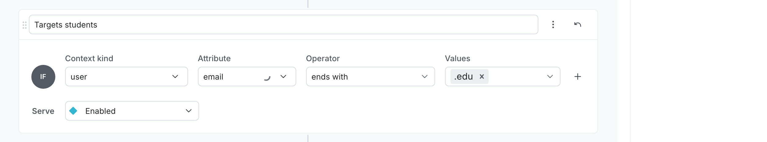 A targeting rule that serves "Available" to all user contexts that contain an "email" attribute with a value that ends in ".edu".