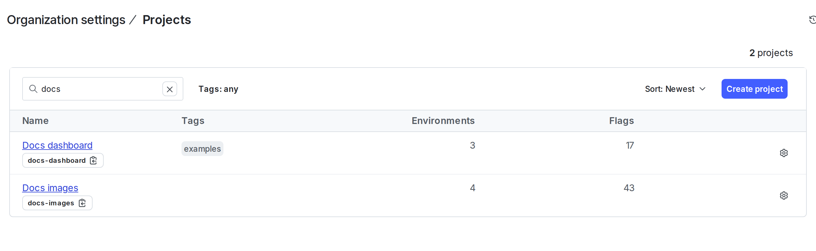 The Projects list.