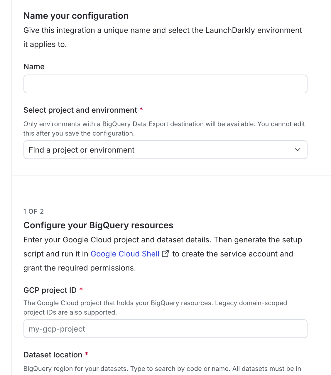 The BigQuery native Experimentation configuration panel in LaunchDarkly.