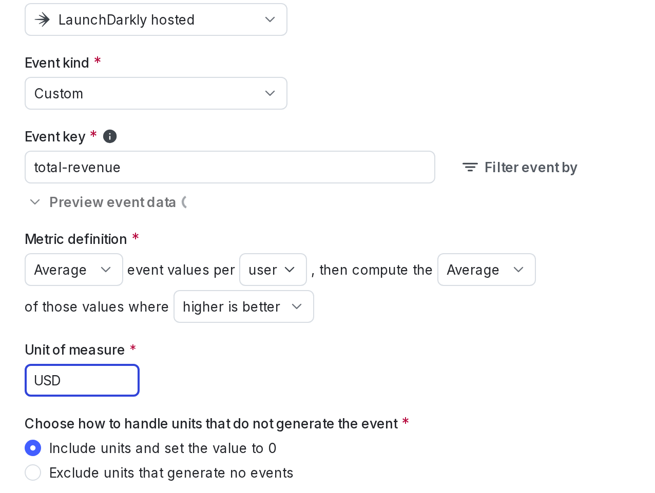 The "Create metric" dialog for a custom numeric metric.