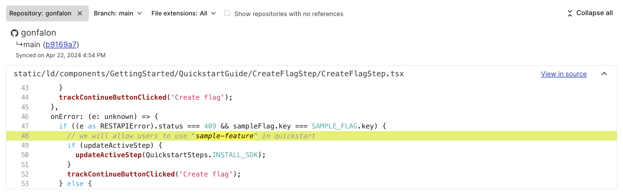 The "Code references" tab of a feature flag.