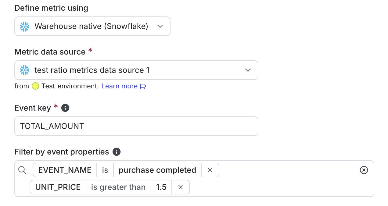 A warehouse native metric that includes only events from users who purchased higher-priced units.