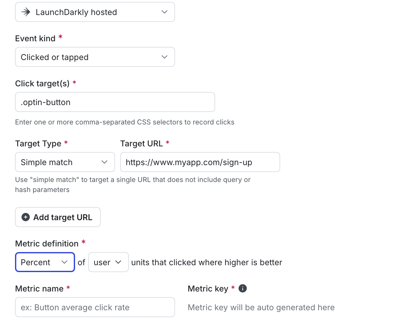 The "Create metric" dialog for a click conversion metric.