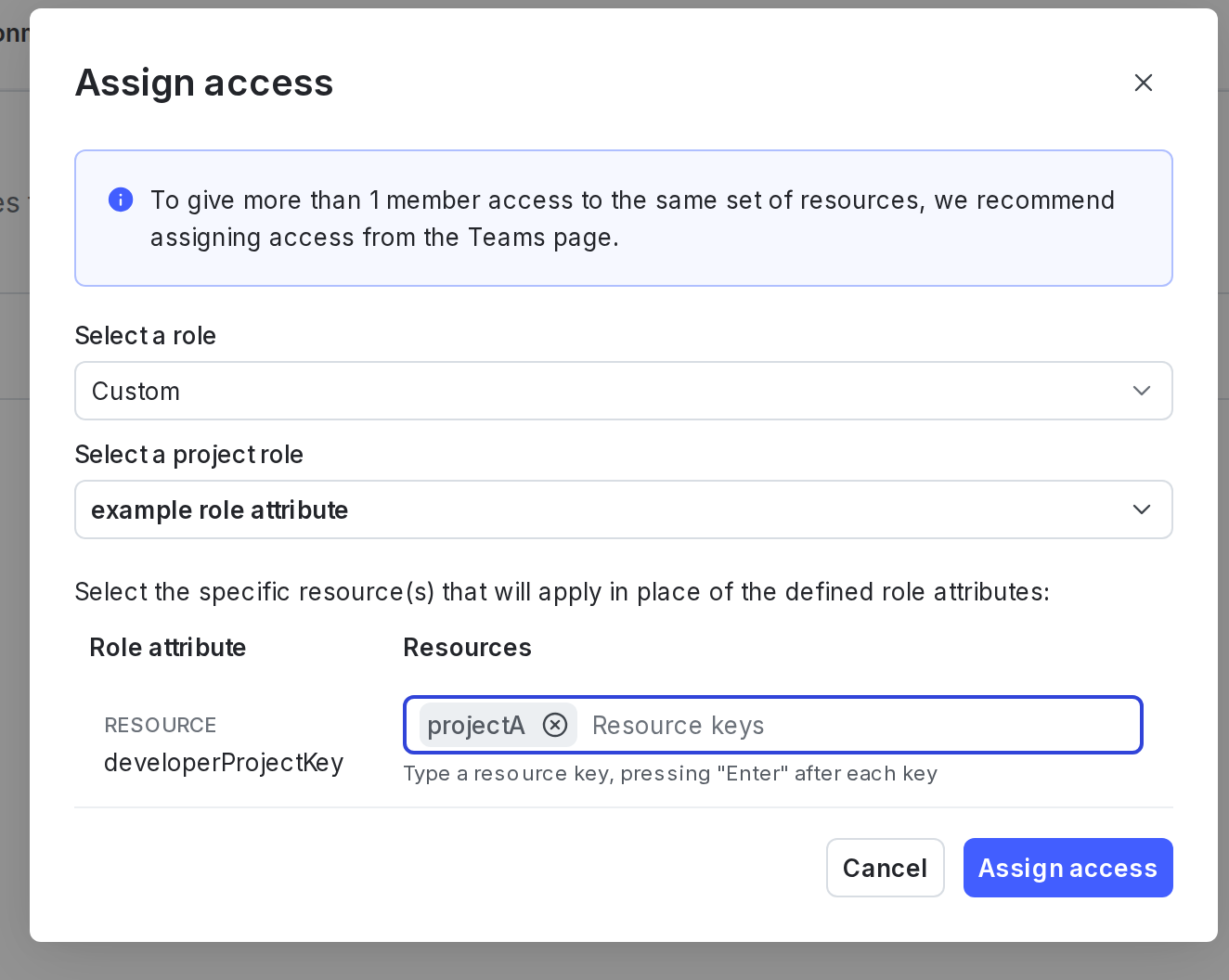 The "Assign access" dialog, with a role attribute and resource specified for the custom role being assigned.