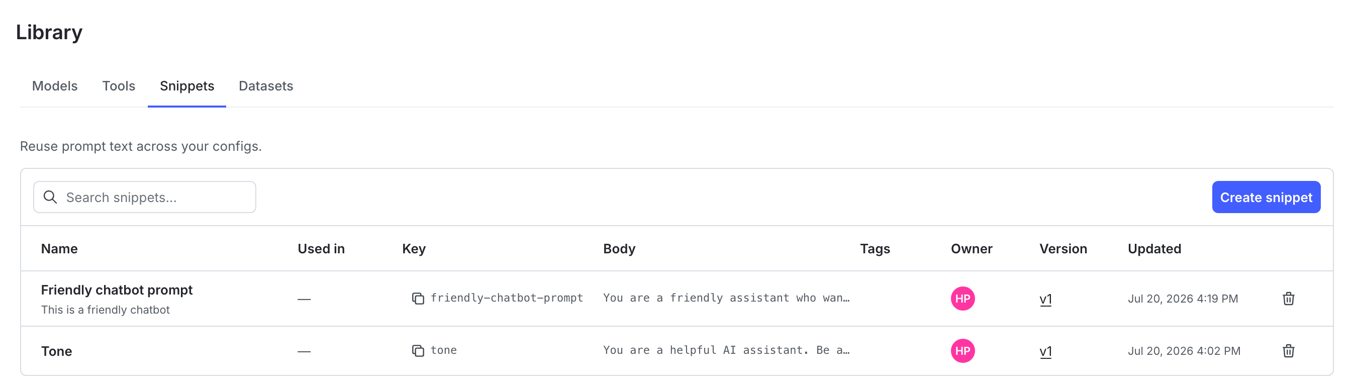 The "Snippets" tab in the library.