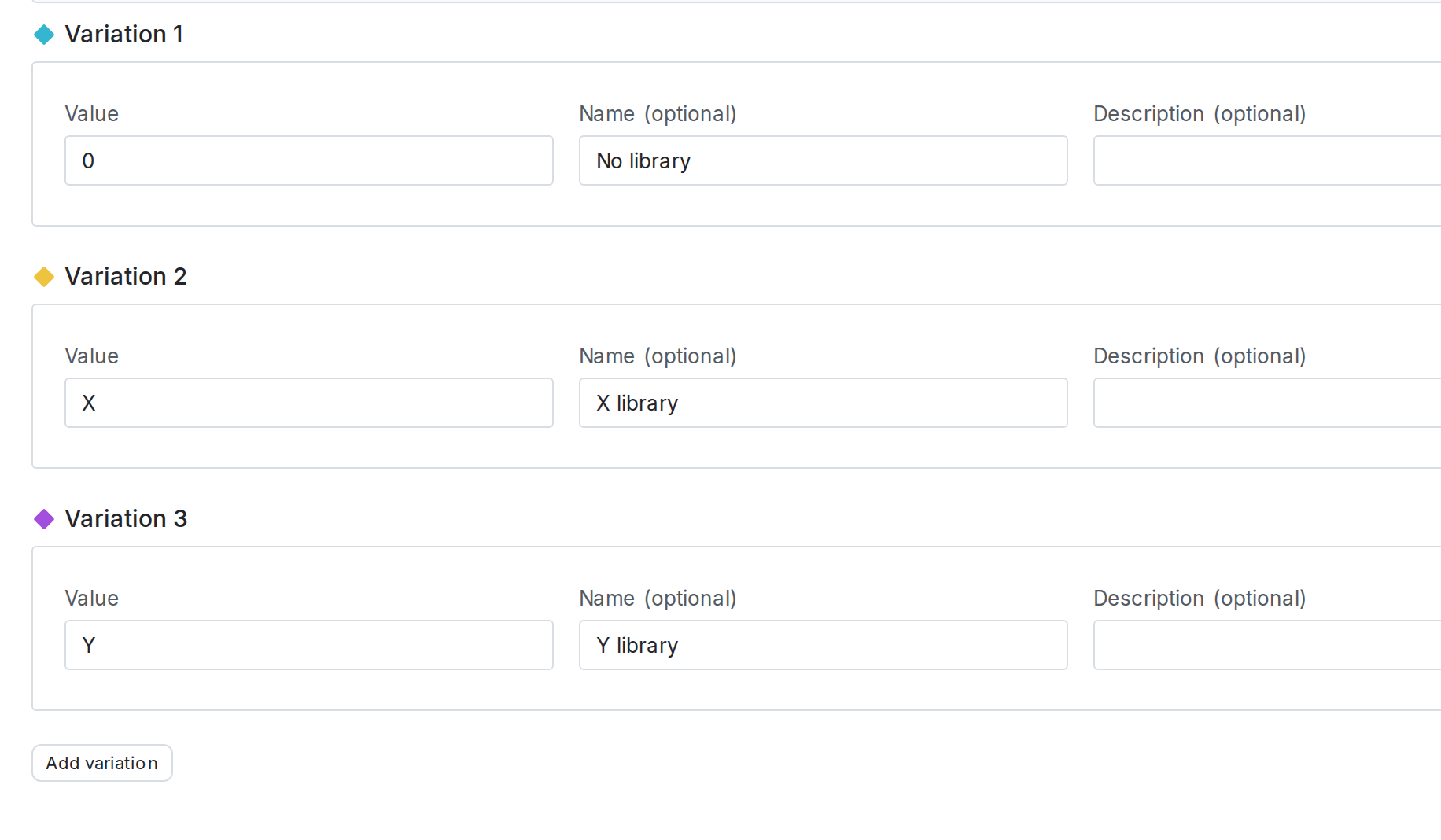 A flag's "Variations" tab with three variations.