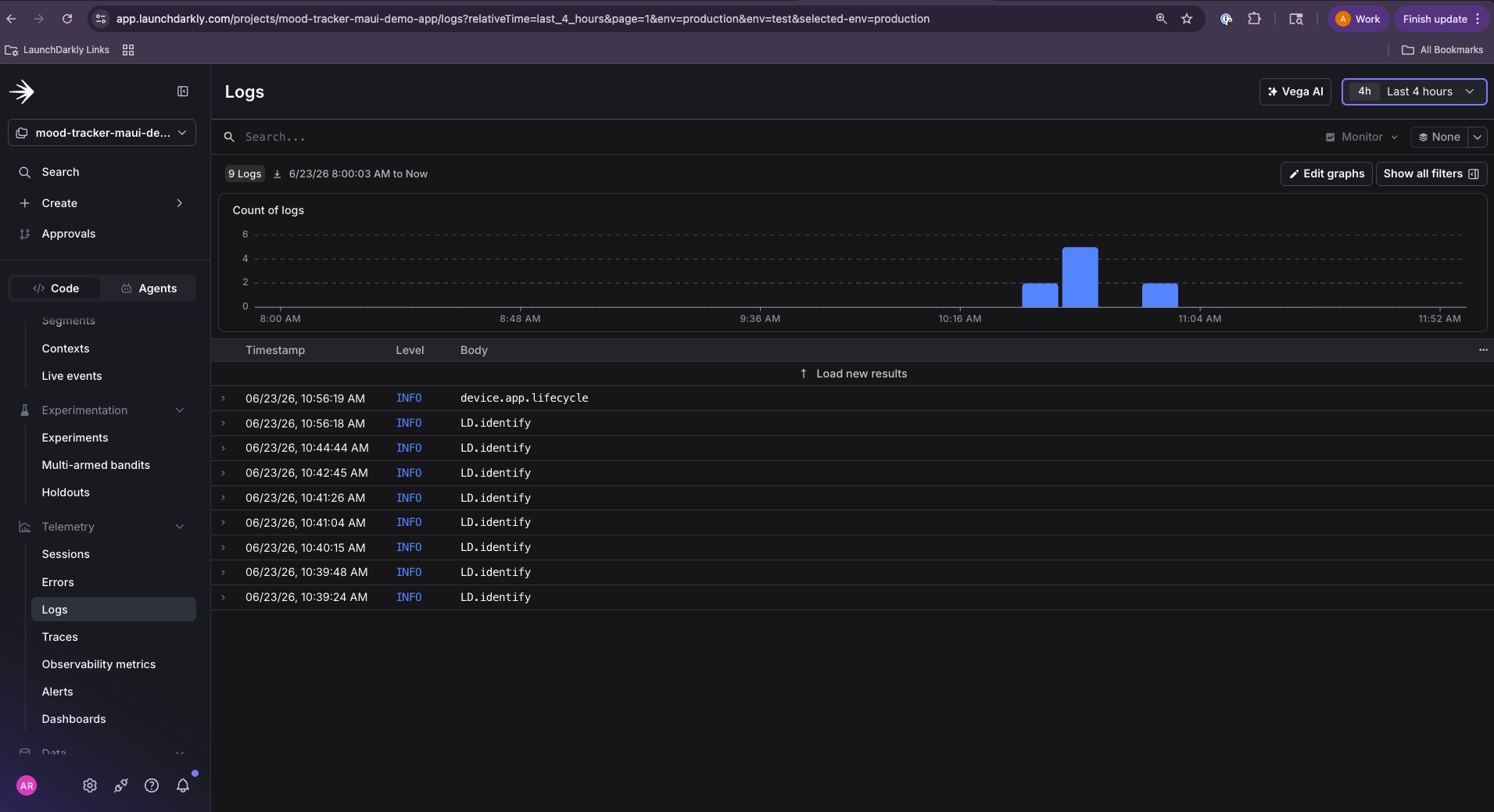 The LaunchDarkly observability view listing logs and errors from a MAUI app, attributed to the service name set during initialization.