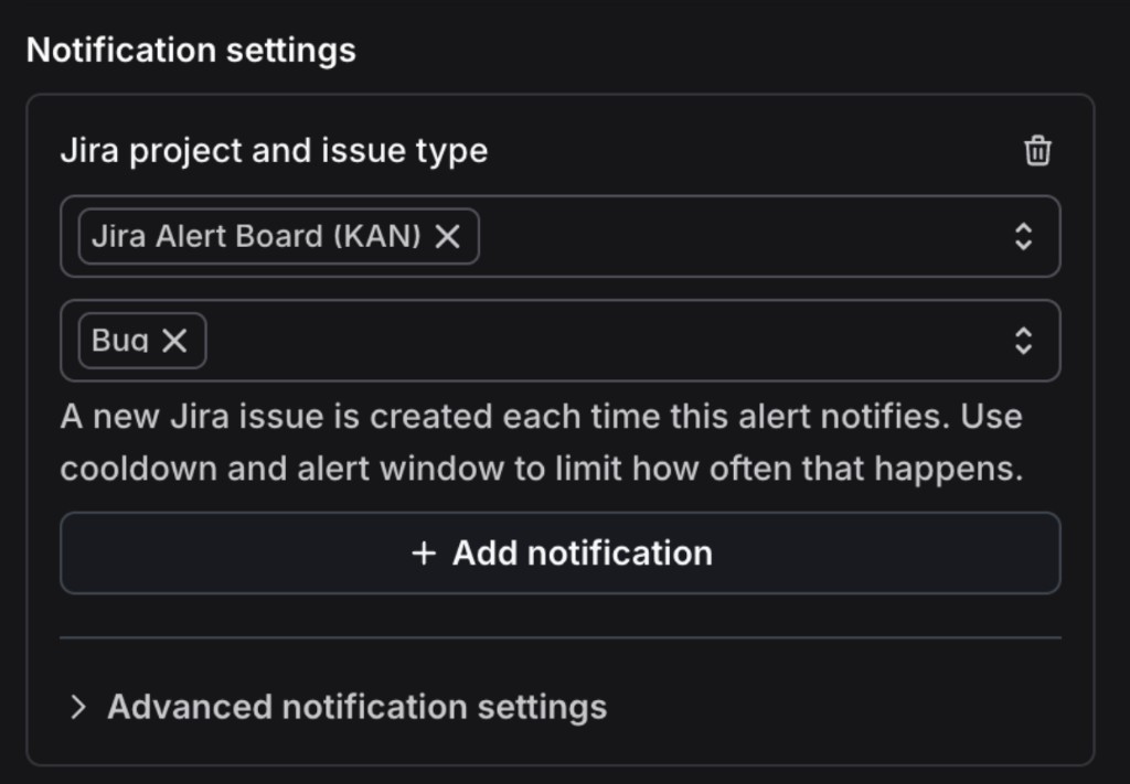 An alert's Notification settings with a configured Jira destination, showing the Jira Alert Board project and the Bug issue type, and a note that LaunchDarkly creates a new Jira issue each time the alert notifies.
