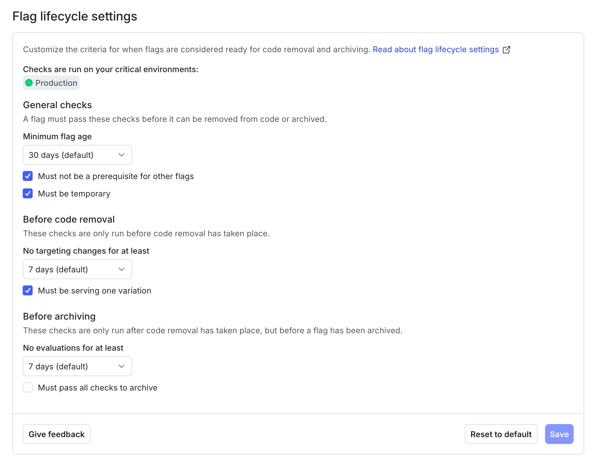 The flag lifecycle settings page.