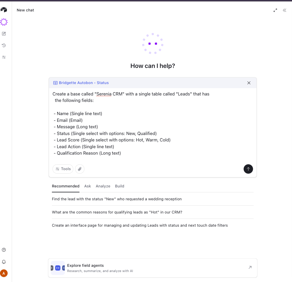 Using the Airtable AI assistant to create the Serenia CRM base.