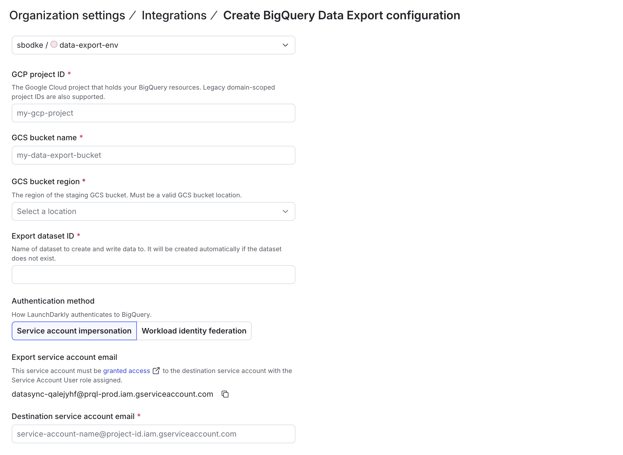 The BigQuery Data Export configuration panel in LaunchDarkly, displaying the "Export service account email" field.