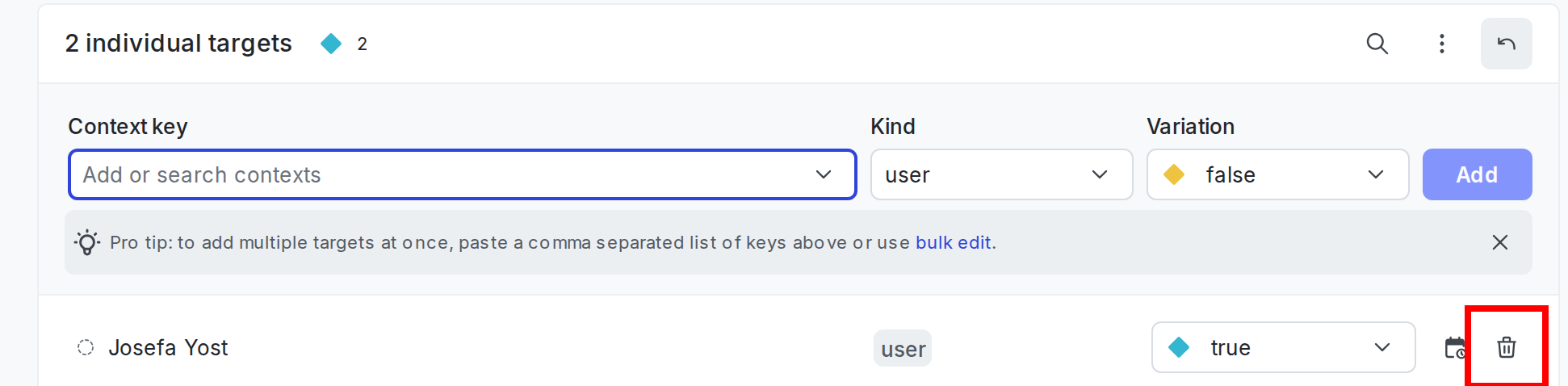 An individually targeted user context with the trash icon called out.
