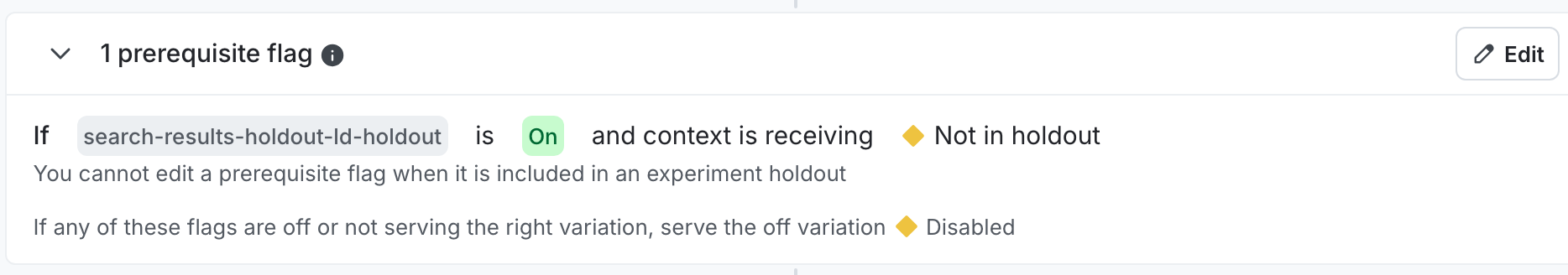 An experiment's flag's details page with a holdout prerequisite.