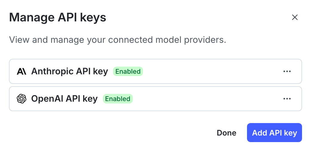 The Manage API keys integration page.
