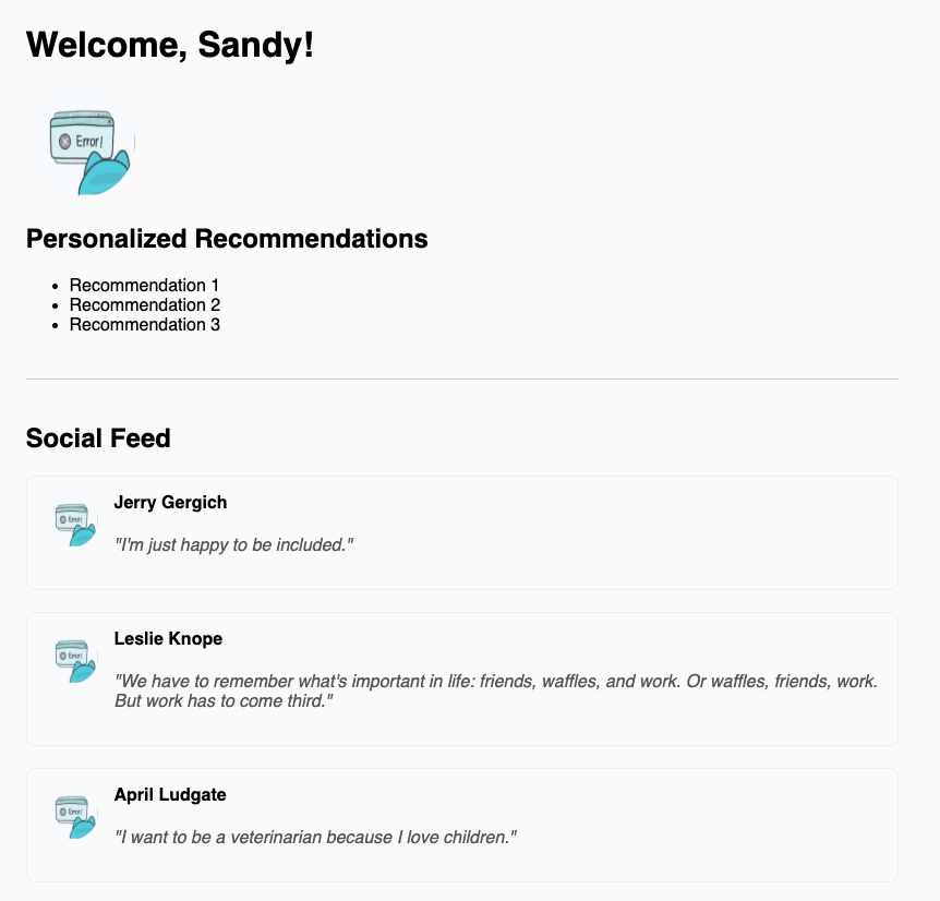 Homepage of social app with default image.