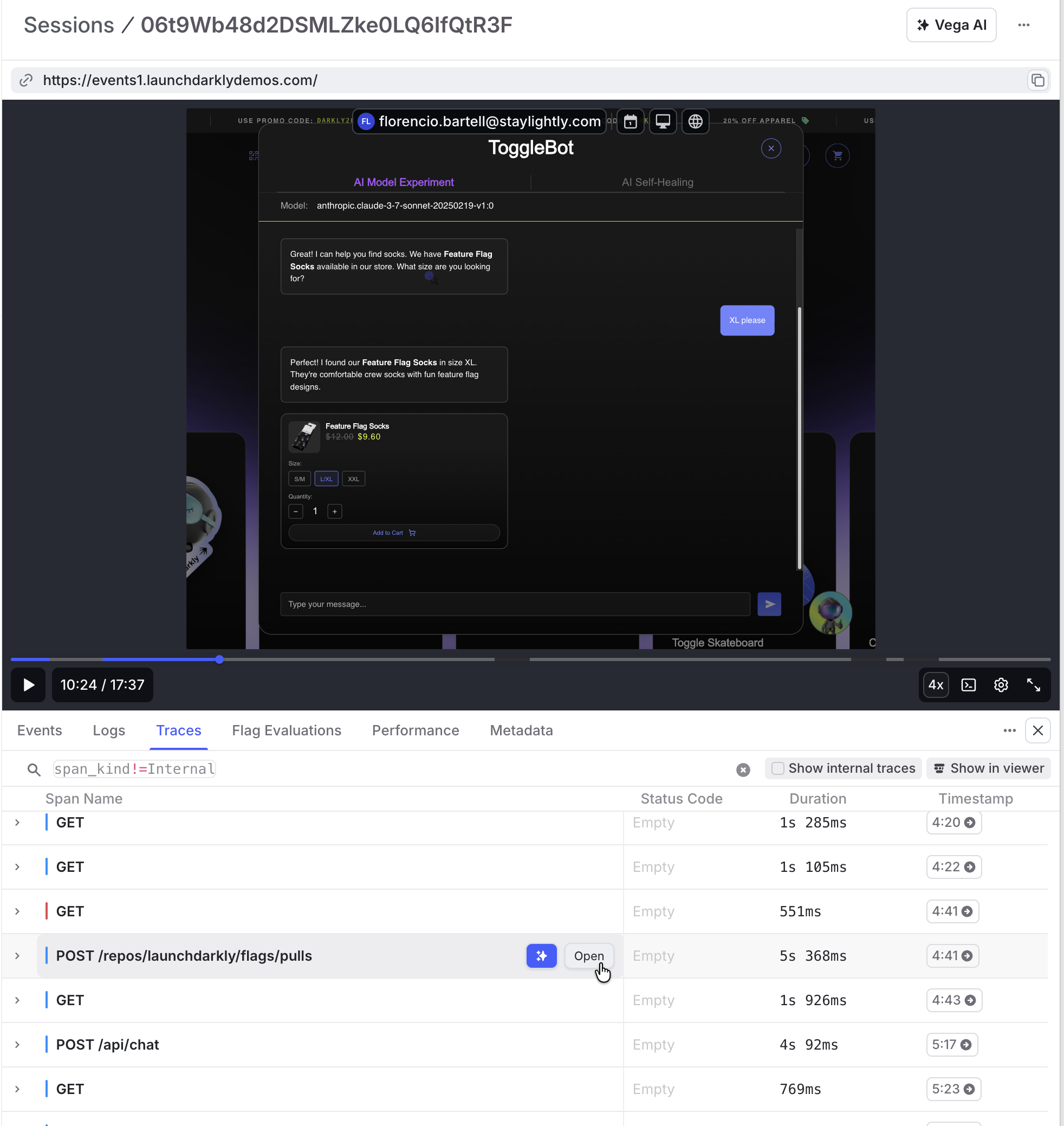 A session replay with event details expanded.