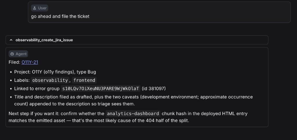 A Vega AI exchange where the user says to go ahead and file the ticket, and Vega reports the filed issue O11Y-21 with its project, type, labels, linked error group, and a suggested next step.