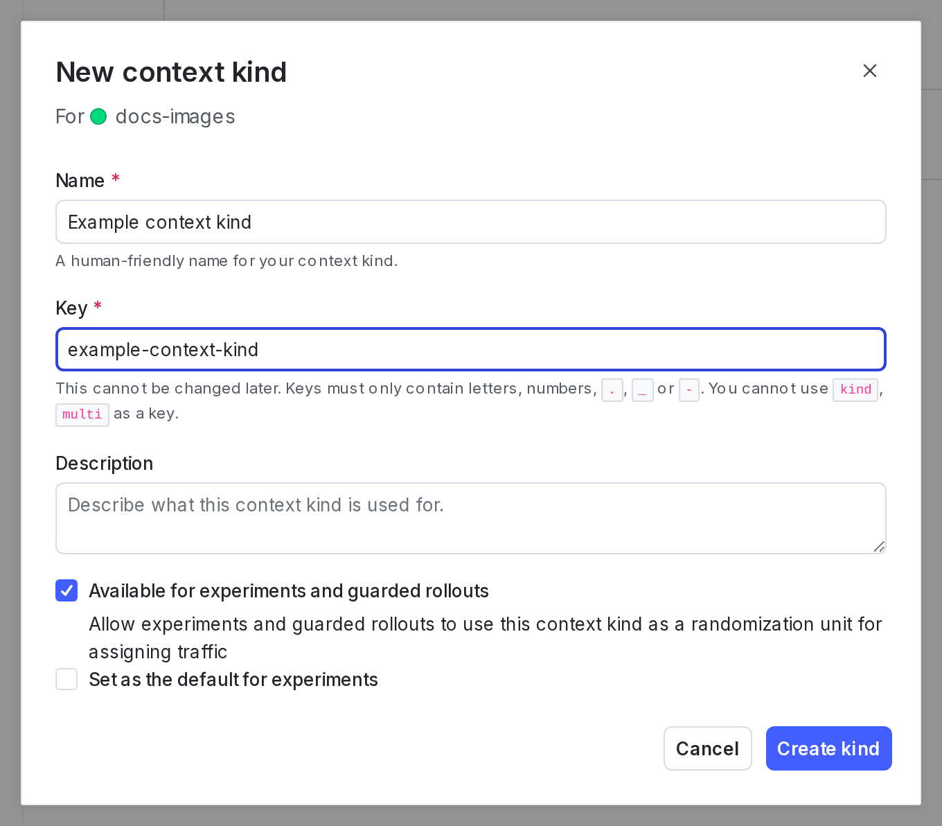 The "New context kind" dialog with the "Available for experiments and guarded rollouts" option checked.