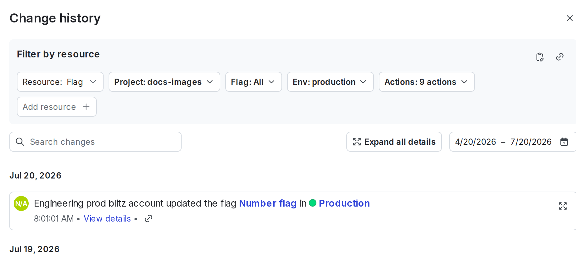 The "Change history" dialog, automatically filtered by resource, project, and environment.