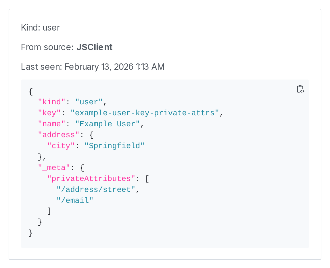 The "Attributes" section of the context details page, showing private attributes in a "_meta" section.
